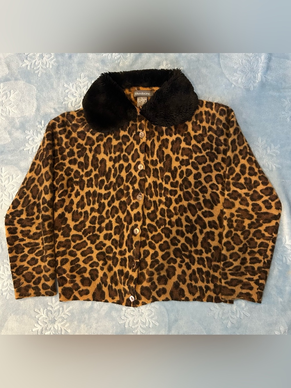 VTG Mendocino Angora Lambswool Leopard Print Cardigan Sweater Black Collar L